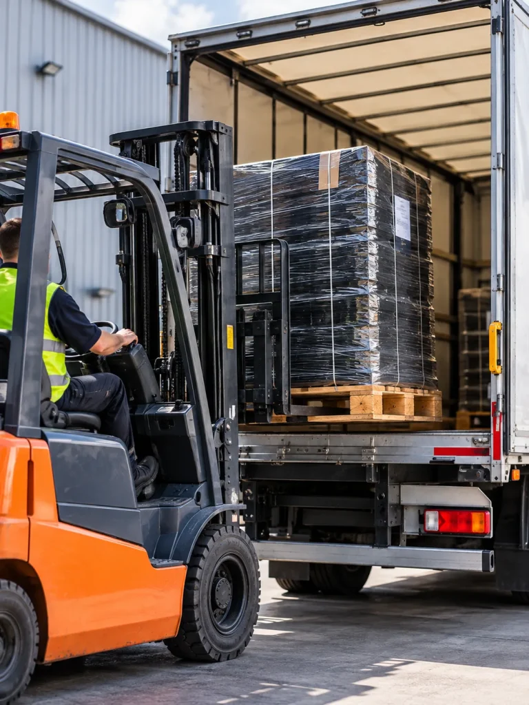 Forklift Loading Wrapped Pallet into Truck