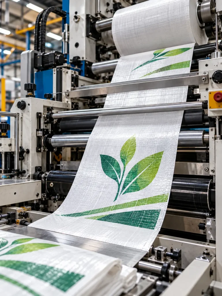Industrial Printing Machine Producing Green Leaf Bags