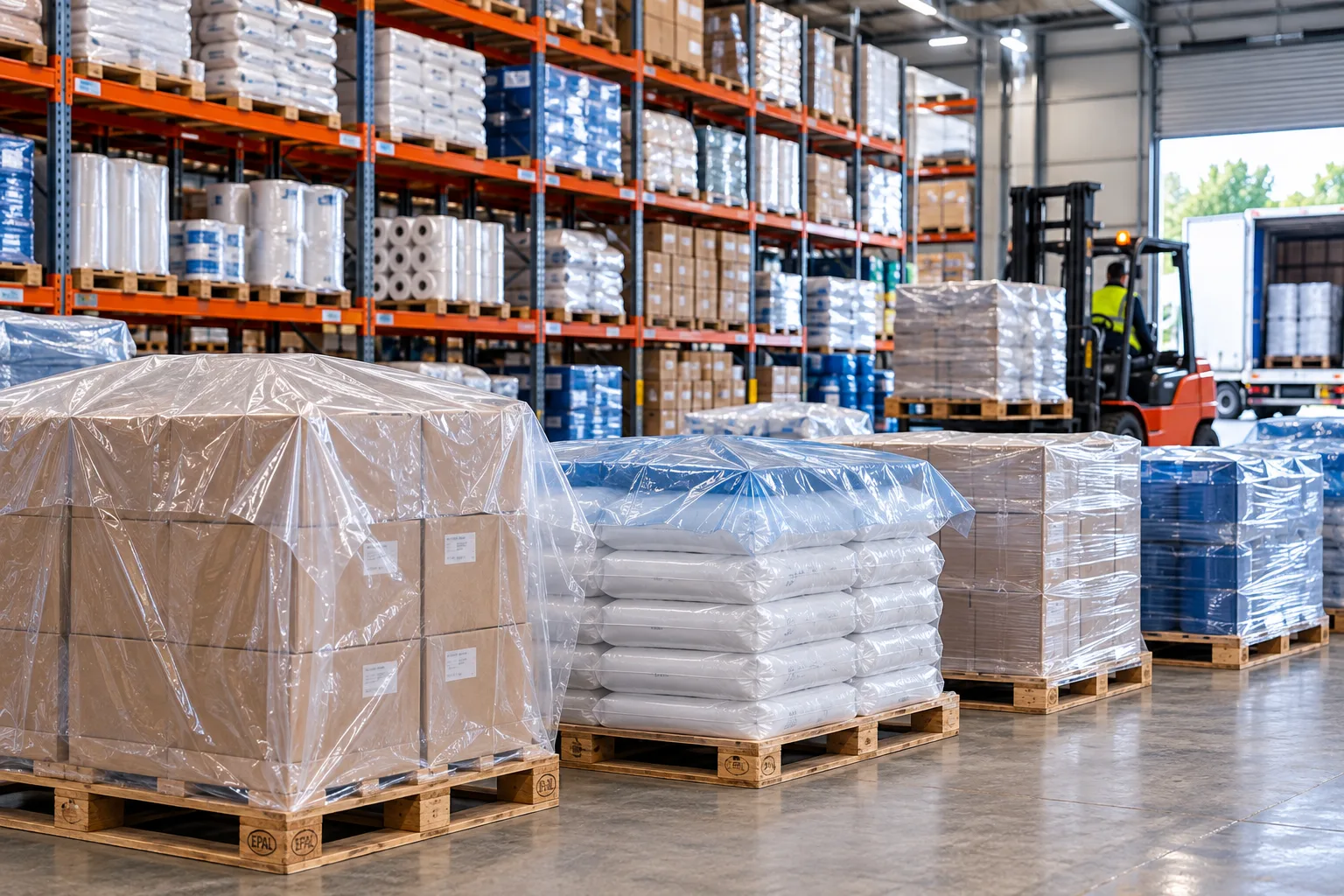 Modern Warehouse with Wrapped Pallets and Forklift